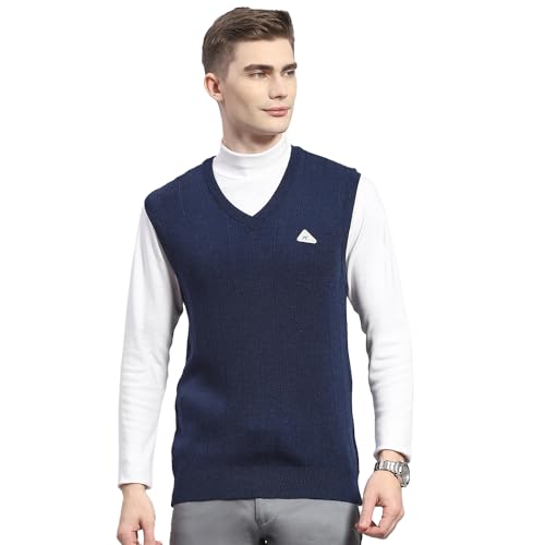 Monte Carlo Mens Blue Solid V Neck Sleeveless Wool Casual Sweater | Warm Woolen Pullover for Men | Soft Comfortable Knitted Winter Wear Sweater for Men's