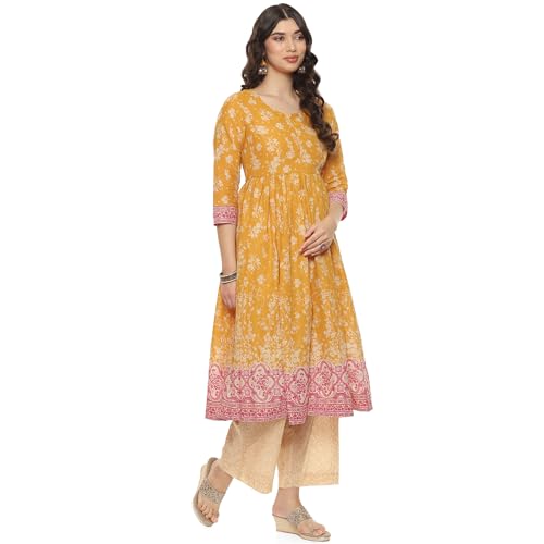 BIBA Women EMBROIDERY STRAIGHT SALWAR KURTA DUPATTA(SKDPARSI GA8889_YELLOW_34)
