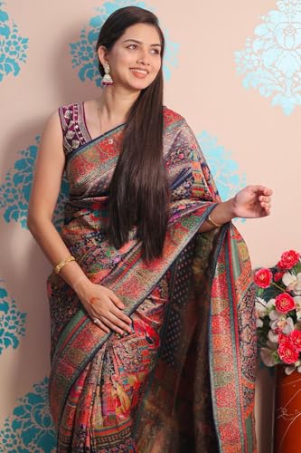 SGF11 Women's Kanjivaram Pure Soft Silk Position Printed Saree With Blouse Piece (Dark Blue)