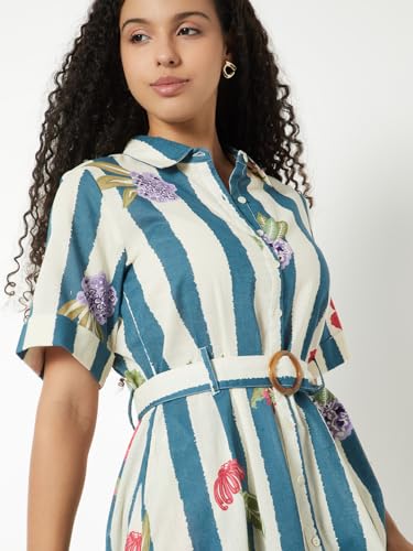 Max Women Printed Belted A-line Shirt Dress(White_L)
