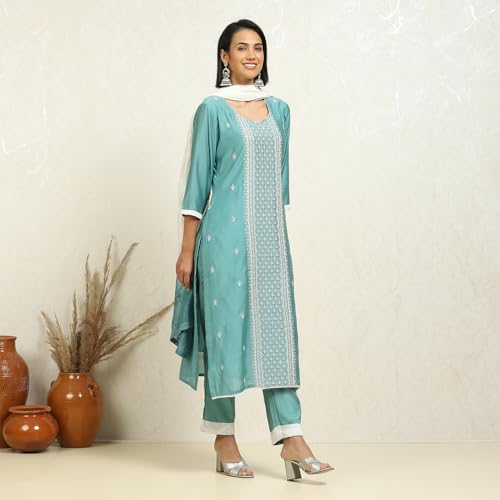 Blue Silk Blend Machine Embroidered Unstitched Suit Set