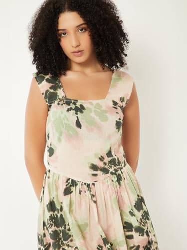 Max Women Printed A-line Midi Dress(Green_XL)