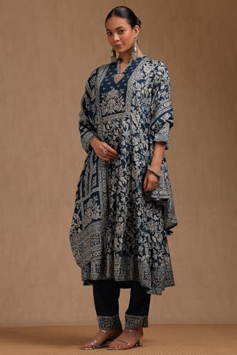 Soch Womens Indigo Dola Silk Floral Print Suit Set With Beads