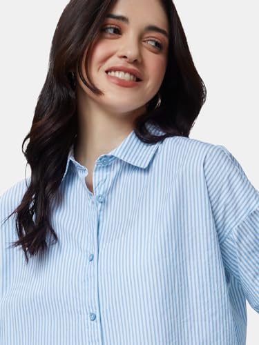 The Souled Store| Solids: Blue Stripes Womens and Girls Shirts|Full Sleeve|Loose fit Solid Stripes|100% Cotton Blue Color Women Boyfriend Shirts Women Boyfriend Shirts Fashionable Trendy Graphic