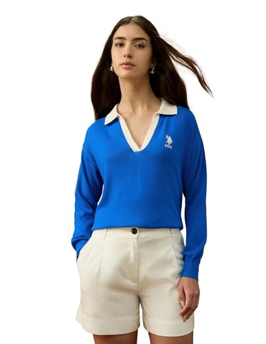 U.S. Polo ASSN. Women Relaxed Fit Solid Sweater (UWAW25SWE200_Bright Blue_L)