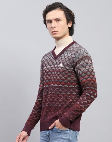 Monte Carlo Mens Wine Self Design V Neck Full Sleeve Pullover (1243195VN-2-44)
