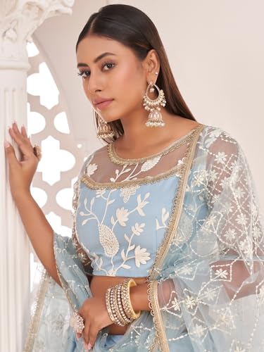 Zeel Clothing Womens Net Lehenga Choli Semi-Stitched Skyblue Wedding Bridal Free Size