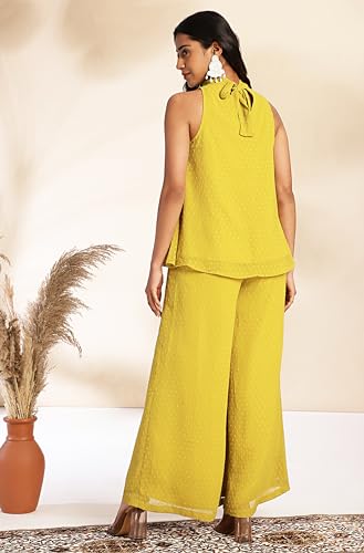 Janasya Women's Yellow Dobby Chiffon Solid Co-ord Set(SET916-CO-ORD-L)