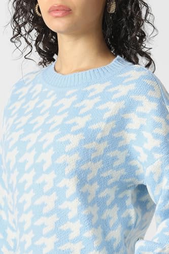 Women Light Blue Print Round Neck Sweater