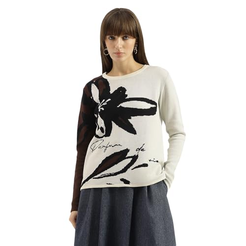 United Colors of Benetton Round Neck Textured Floral Sweater (Size: XS)-25A1099W3M53I901 Beige