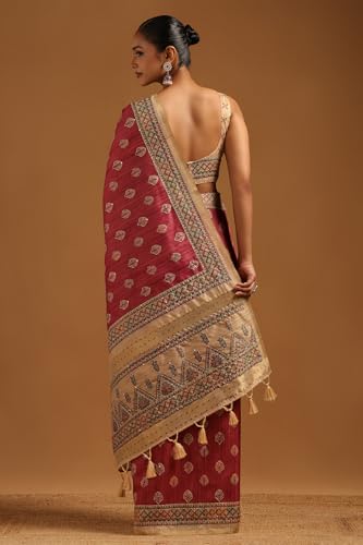 Soch Womens Onion Pink Tussar Botanical Saree With French Knot Details