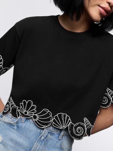 The Souled Store Seashell Women and Girls Short Sleeves Round Neck Black Embroidered Cotton Oversized Crop Fit Lightweight Everyday Casual T-Shirts