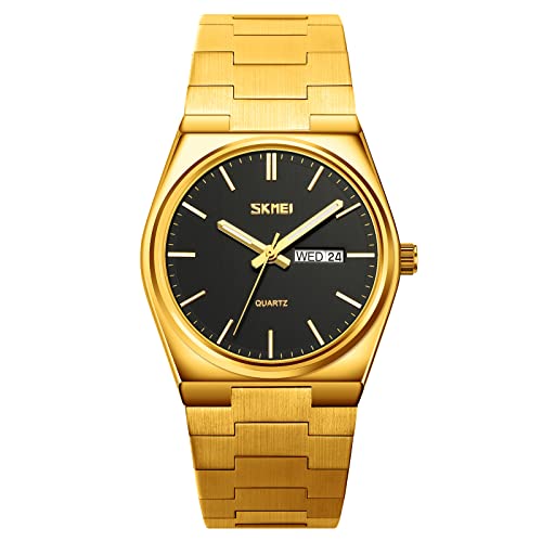 SKMEI Claasic Style Quartz Watch for Men Analog Display Black Dial Zinc Alloy Men's Stainless Steel Gold Color Stylish Band, Water-Resistant & Scratch-Resistant-9288