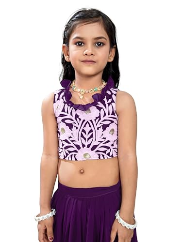 Tejam Kids Girls Green Floral Lehenga Choli Set with White Embroidered Pattern (Jambli, 5-6 Years)