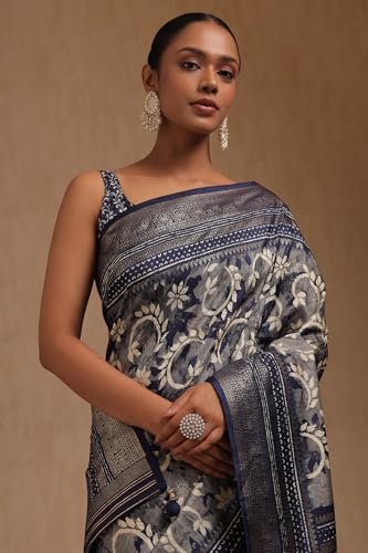 Soch Womens Navy Blue Dola Silk Floral Print Saree