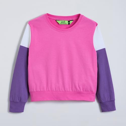 Hopscotch Girls Pink Full Sleeves 2-Pc Colourblock Cotton Jogger Set For Age (4-5 Years)