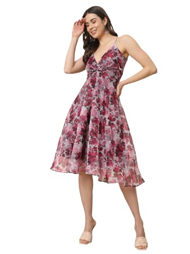 Trend Arrest.ed Women’s Floral Fit & Flare Midi Dress | V-Neck Organza Dress with Lining | Lightweight Spaghetti Strap Style for Brunch, Travel & Day Events (D5365_Multicolour_L)