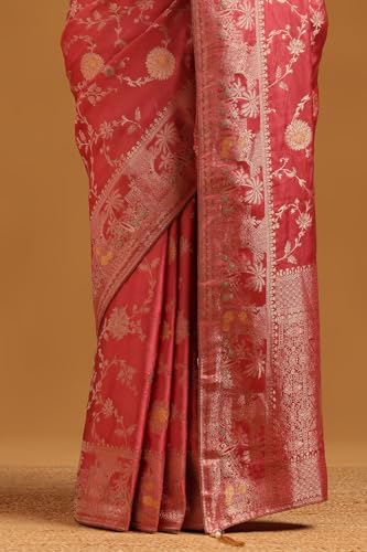 Soch Womens Onion Pink Satin Botanical Saree With Zari Work