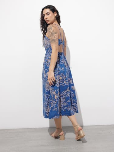 Divena Blue Shoulder Strap Poplin Cotton Midi Dress-DK2316