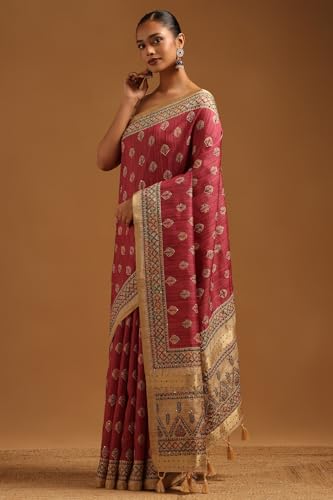 Soch Womens Onion Pink Tussar Botanical Saree With French Knot Details