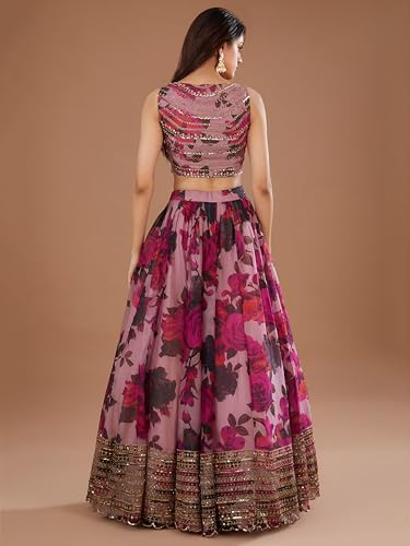 Zeel Clothing Women's Organza Semi-stitched Print and Sequins Embroidered Lehenga Choli With Dupatta (7067-Pink--Lehenga-Choli-Latest, Free size) (Pink)