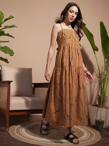 Vishudh Women Sleeveless Tie Neck Dress VVa1000070 Brown L