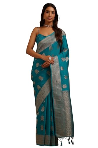 Soch Womens Blue Tussar Floral Zari Woven Saree