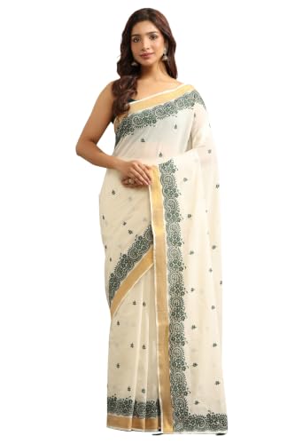 Soch Womens Green Cotton Kasavu Embroidered Saree With Cutwork