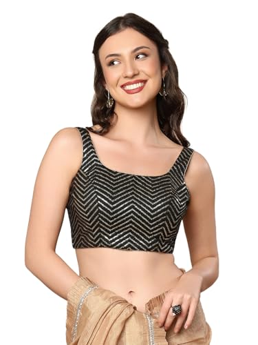 S SALWAR STUDIO Black Round Neck Embroidered Sleeveless Readymade Saree Blouse