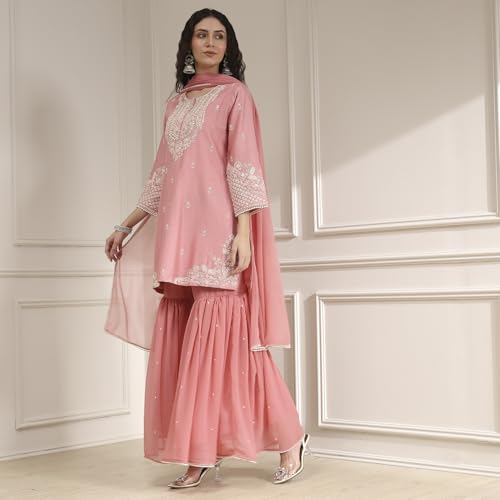 Biba Women Light Pink Cotton Silk Embroidered Straight Suit Set_40