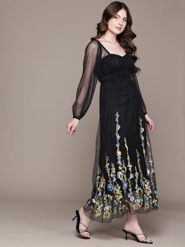 Label RITU KUMAR Black Eden Sweetheart Neck Full Sleeves Long Dress