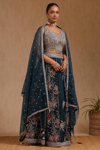 Soch Women's Chinon Lehenga Choli (OWA4CD21238_Teal Green_XL)