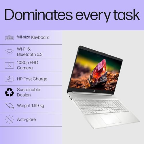 HP 15s, 12th Gen Intel Core i3-1215 Laptop (8GB RAM, 512GB SSD), Anti-Glare, 15.6"/39.6cm, FHD, Win 11, MS Office 2021, Silver, 1.69Kg, Intel UHD Graphics, HD Camera, Dual Speakers, fy5003TU