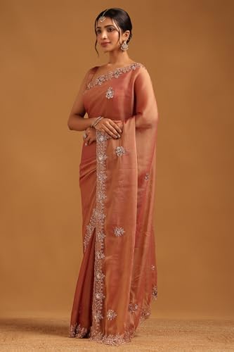 Soch Womens Rust Tissue Floral Saree With Sequins