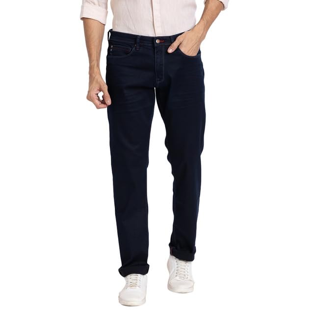 Raymond Men's Slim Fit Cotton Blend Solid Pattern Flat Front Jeans Blue