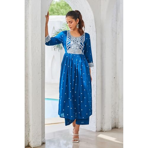 Rangriti Women Viscose Printed Straight Suit Set (DORI19025SS24IND_Blue