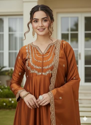 LookMark Women’s Orange Silk Blend Embroidered Anarkali Kurta with Dupatta | Full Length Ethnic Dress | Long Sleeves-AZ-LM-OG1-KS2514 Orange-L
