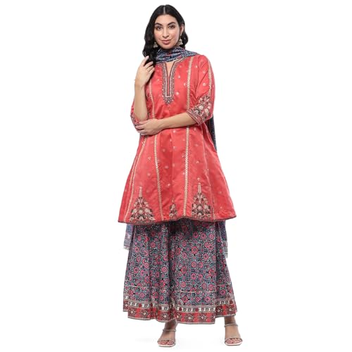 BIBA Women's Coral Polyester Kalidar Suit Set (SKDRUSTICBUTA9460SS24CRL