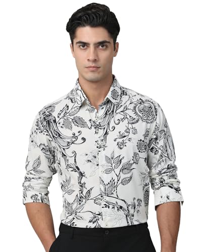 MUFTI Men Shirt | Slim Fit Full Sleeve Spread Collar Artistic Floral & Bird Print | Breathable Cotton Viscose Blend for Party Bright Snow White 6XL