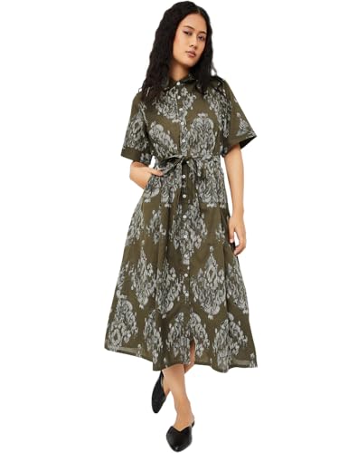 Max Women's Cotton A-Line Below The Knee Dress (EC58005_Olive