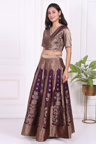 W for Woman Purple Embellished Jacquard Straight Crop Top, Skirt and Dupatta Set - (WS13240-314468-3XL)