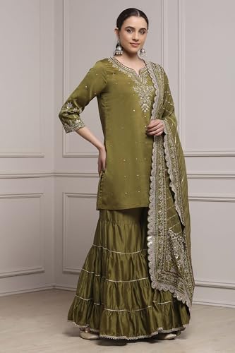 Biba Women Mehndi Green Cotton Silk Straight Suit Set_38