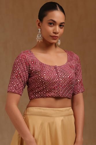 Soch Womens Onion Pink Georgette Embroidered Padded Blouse with Faux Mirror