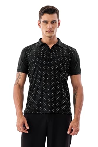 SNITCH Men's Polo T-Shirt | Polka Dot Pattern & Buttoned Closure | Nylon Blend Fabric with Stretchable & Breathable Features | Casual Wear & Regular Fit | Black