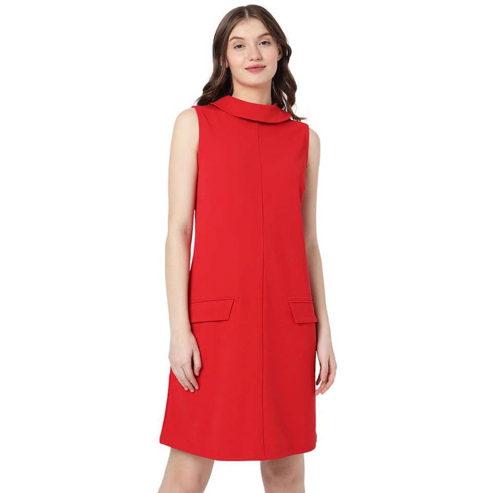 VERO Moda Solid Polyester Turtle Neck Women's Knee Length Dress (RED, XS)