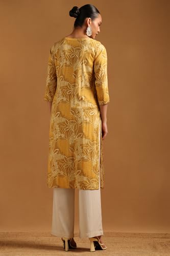 Soch Womens Mustard Rayon Floral Print Kurta with Mirror Work