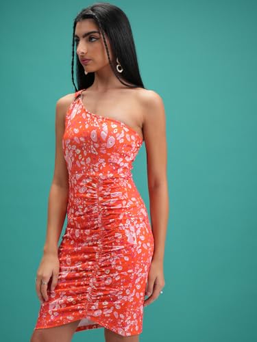 Tokyo Talkies Women Printed Knitted Oneshoulder Ruched Dress