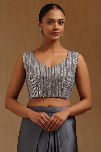 Soch Womens Grey Spandex Solid Ready To Wear Saree