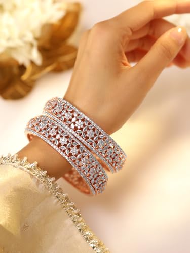 Rubans Womens Set of 2 Rose Gold Plated Zirconia Stone Studded Bangles