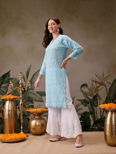 Ada Lucknowi Hand Embroidered Chikankari Straight Georgette Kurti Kurta for Women A95484 Blue (5XL)
